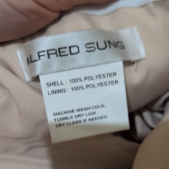 Alfred Sung Strapless Satin Gown Draped Front Slit Pockets Champagne 6 - Picture 6 of 14